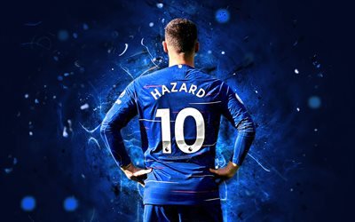 Eden Hazard, back view, midfielder, Chelsea FC, belgian footballers, soccer, Premier League, Hazard, neon lights, artwork