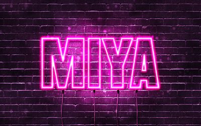 Joyeux anniversaire Miya, 4k, n&#233;ons roses, nom Miya, cr&#233;atif, joyeux anniversaire Miya, anniversaire Miya, noms f&#233;minins japonais populaires, photo avec le nom Miya, Miya