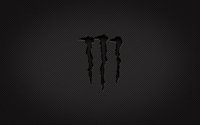 Monster Energy hiililogo, 4k, grunge art, hiili tausta, luova, Monster Energy musta logo, tuotemerkit, Monster Energy logo, Monster Energy