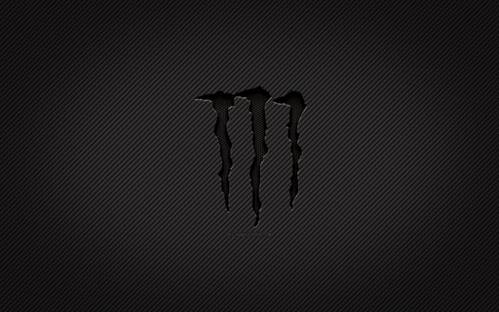 Monster Energy hiililogo, 4k, grunge art, hiili tausta, luova, Monster Energy musta logo, tuotemerkit, Monster Energy logo, Monster Energy