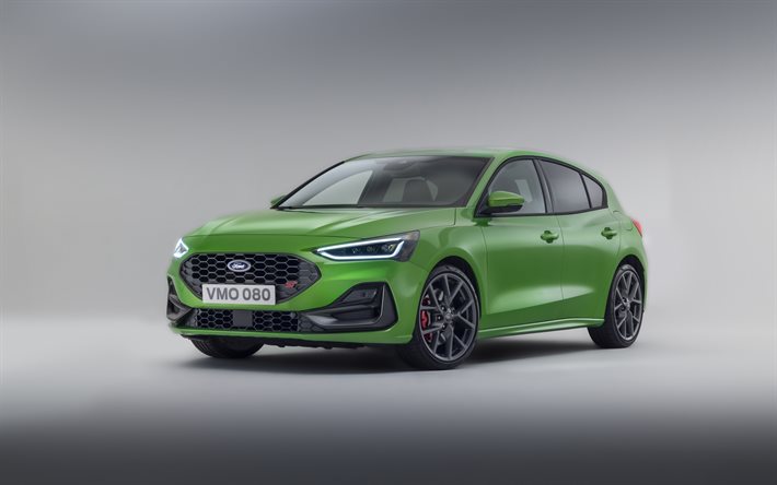 2022, Ford Focus ST, 4k, front view, exterior, green hatchback, new green Focus, American cars, Ford