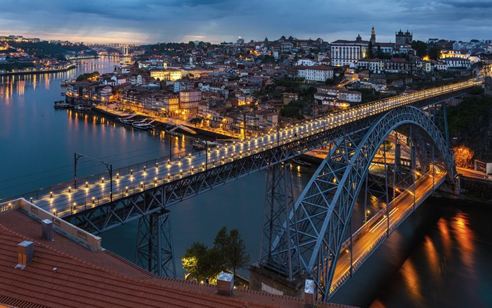 Porto, Ponte Dom Luis I, noite, p&#244;r do sol, Rio Douro, paisagem urbana do Porto, panorama do Porto, Portugal