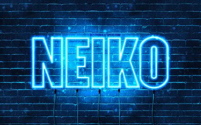 Happy Birthday Neiko, 4k, blue neon lights, Neiko name, creative, Neiko Happy Birthday, Neiko Birthday, popular japanese male names, picture with Neiko name, Neiko