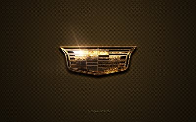 Cadillac golden logo, artwork, brown metal background, Cadillac emblem, creative, Cadillac logo, brands, Cadillac