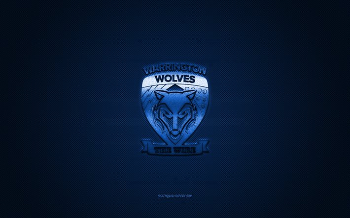 Warrington Wolves, English rugby club, blue logo, blue carbon fiber background, Super League, rugby, Warrington, England