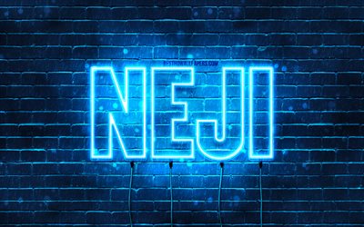Joyeux anniversaire Neji, 4k, n&#233;ons bleus, nom Neji, cr&#233;atif, joyeux anniversaire Neji, anniversaire Neji, noms masculins japonais populaires, photo avec nom Neji, Neji