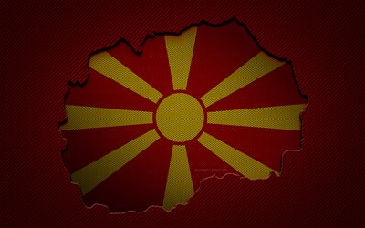 North Macedonia map, 4k, European countries, Macedonian flag, red carbon background, North Macedonia map silhouette, North Macedonia flag, Europe, Macedonian map, North Macedonia, flag of North Macedonia