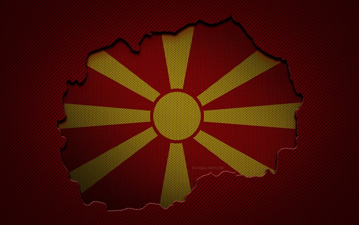 北マケドニア, 4k, ヨーロッパ諸国, マケドニアの旗, 赤い炭素の背景, 北マケドニアの地図のシルエット, ヨーロッパ, マケドニアの地図, 北マケドニアの旗