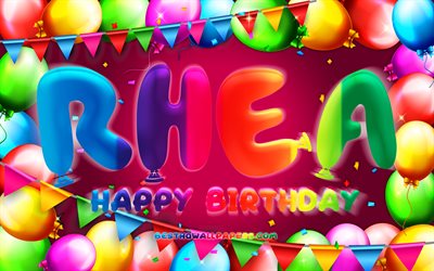 Buon Compleanno Rhea, 4k, cornice di palloncini colorati, nome Rhea, sfondo viola, Rhea Buon Compleanno, Compleanno Rhea, nomi femminili americani popolari, Concetto di compleanno, Rhea