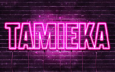 alles gute zum geburtstag tamieka, 4k, rosa neonlichter, tamieka-name, kreativ, tamieka happy birthday, tamieka-geburtstag, beliebte japanische frauennamen, bild mit tamieka-namen, tamieka