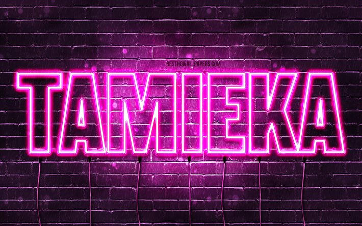 Feliz Anivers&#225;rio Tamieka, 4k, luzes de n&#233;on rosa, nome Tamieka, criativo, Tamieka Feliz Anivers&#225;rio, Tamieka Anivers&#225;rio, nomes femininos japoneses populares, imagem com nome Tamieka, Tamieka
