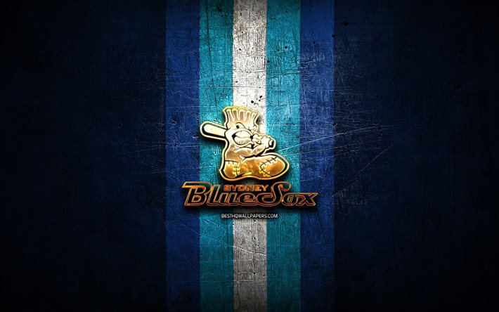 シドニーブルーソックス, 金色のロゴ, Bassen-Kornzweig病, 青い金属の背景, オーストラリアの野球チーム, シドニーブルーソックスのロゴ, 野球。, オーストラリアンベースボールリーグ