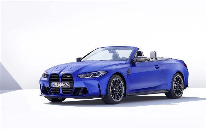 2021, BMW M4 Competition, 4k, G82, cabriolet bleu, ext&#233;rieur, vue de face, nouveau bleu M4 G82, voitures allemandes, cabriolets, BMW