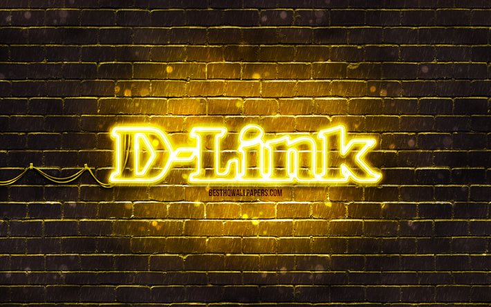 Logo jaune D-Link, 4k, mur de briques jaune, logo D-Link, marques, logo n&#233;on D-Link, D-Link