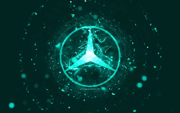 Mercedes-Benz turquoise logo, 4k, turquoise neon lights, creative, turquoise abstract background, Mercedes-Benz logo, cars brands, Mercedes-Benz