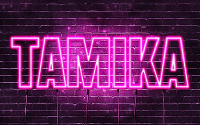 お誕生日おめでとうタミカ, 4k, ピンクのネオンライト, タミカ名, creative クリエイティブ, タミカお誕生日おめでとう, タミカ誕生日, 人気の日本の女性の名前, タミカの名前の写真, タミカ