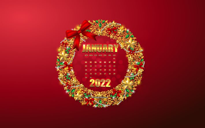 2022年1月カレンダー, 4k, ゴールデンクリスマスリース, 新年。, 1月, 2022年1月のカレンダー, クリスマスの背景, 2022年1月
