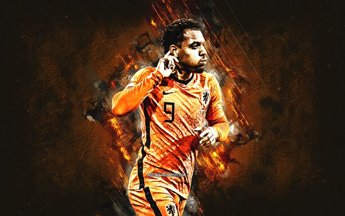 Donyell Malen, Netherlands national football team, portrait, dutch footballer, orange stone background, Netherlands, football