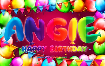 お誕生日おめでとうアンジー, 4k, カラフルなバルーンフレーム, アンジー名, 紫の背景, アンジーお誕生日おめでとう, アンジーの誕生日, 人気のアメリカ人女性の名前, 誕生日のコンセプト, Angie