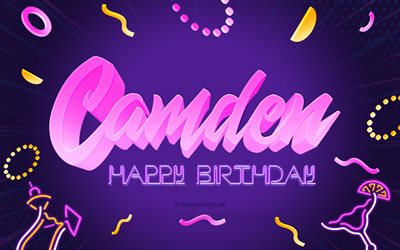 お誕生日おめでとうカムデン, 4k, 紫のパーティーの背景, カムデン, クリエイティブアート, カムデンお誕生日おめでとう, カムデン名, カムデンの誕生日, 誕生日パーティーの背景