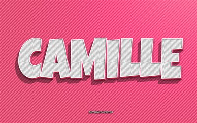 Camille, fond de lignes roses, fonds d&#39;&#233;cran avec des noms, nom Camille, noms f&#233;minins, carte de voeux Camille, dessin au trait, photo avec nom Camille