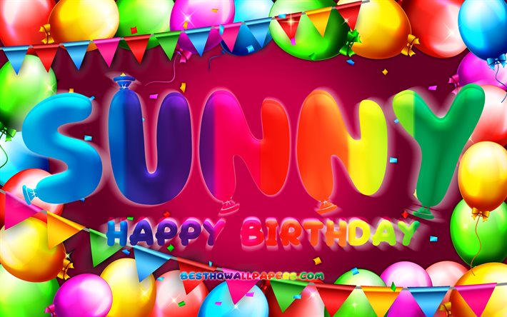 Joyeux anniversaire ensoleill&#233;, 4k, cadre de ballon color&#233;, nom ensoleill&#233;, fond violet, joyeux anniversaire ensoleill&#233;, anniversaire ensoleill&#233;, noms f&#233;minins am&#233;ricains populaires, concept d&#39;anniversaire, ensoleill