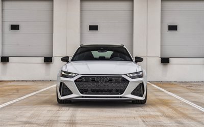 2021, Audi RS6 Avant, 4k, vue de face, nouveau blanc RS6 Avant, phares, voitures allemandes, Audi