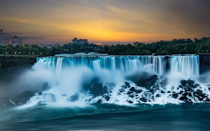 Niagara Falls, kv&#228;ll, solnedg&#229;ng, vattenfall, Niagara River, Ontario, Kanada