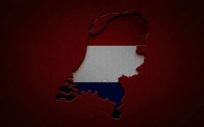 Paesi Bassi mappa, 4k, paesi europei, bandiera olandese, sfondo rosso carbonio, Paesi Bassi mappa silhouette, bandiera dei Paesi Bassi, Europa, mappa olandese, Paesi Bassi