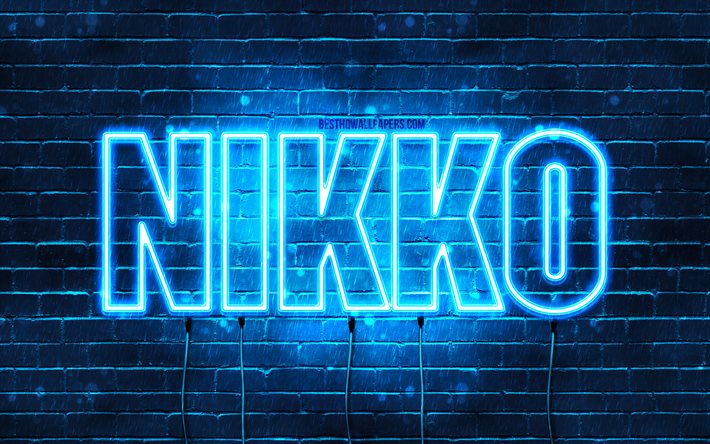 Joyeux anniversaire Nikko, 4k, n&#233;ons bleus, nom Nikko, cr&#233;atif, Nikko joyeux anniversaire, anniversaire Nikko, noms masculins japonais populaires, photo avec le nom Nikko, Nikko