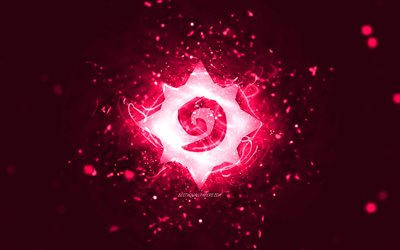 Hearthstone pink logo, 4k, pink neon lights, creative, pink abstract background, Hearthstone logo, online games, Hearthstone