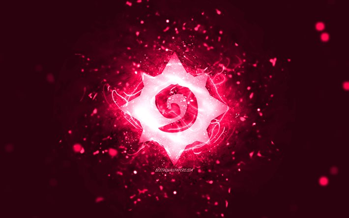 Logotipo rosa Hearthstone, 4k, luzes de n&#233;on rosa, criativo, fundo abstrato rosa, logotipo Hearthstone, jogos online, Hearthstone