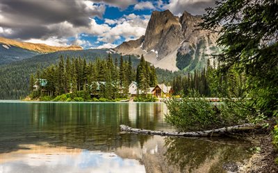 Rocheuses canadiennes, lac de montagne, soirée, coucher de soleil, paysage de montagne, rochers, lac, Alberta, Canada