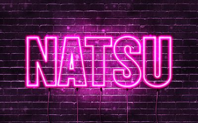 Happy Birthday Natsu, 4k, pink neon lights, Natsu name, creative, Natsu Happy Birthday, Natsu Birthday, popular japanese female names, picture with Natsu name, Natsu