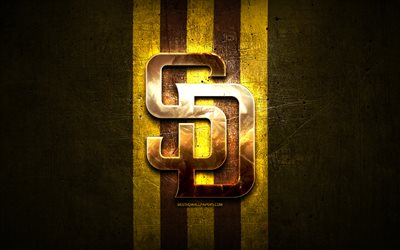 Emblema dei San Diego Padres, MLB, emblema dorato, sfondo giallo in metallo, squadra di baseball americana, Major League Baseball, baseball, San Diego Padres