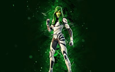 Gamora, 4k, green neon lights, Fortnite Battle Royale, Fortnite characters, Gamora Skin, Fortnite, Gamora Fortnite