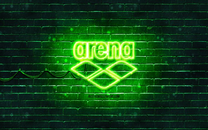 Arena green logo, 4k, green brickwall, Arena logo, brands, Arena neon logo, Arena