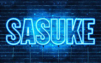 Happy Birthday Sasuke, 4k, blue neon lights, Sasuke name, creative, Sasuke Happy Birthday, Sasuke Birthday, popular japanese male names, picture with Sasuke name, Sasuke