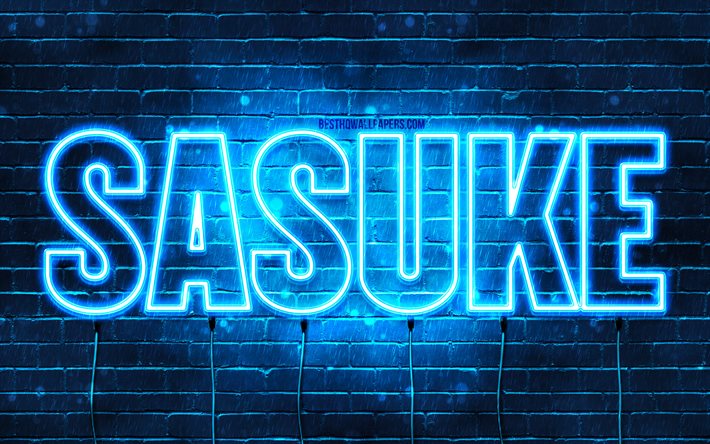 Feliz Anivers&#225;rio Sasuke, 4k, luzes de n&#233;on azuis, nome de Sasuke, criativo, Sasuke Feliz Anivers&#225;rio, Anivers&#225;rio de Sasuke, nomes masculinos japoneses populares, foto com o nome de Sasuke, Sasuke