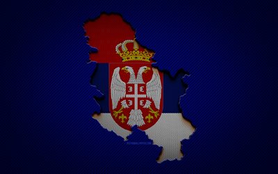 Serbia mappa, 4k, paesi europei, bandiera serba, sfondo blu carbonio, Serbia mappa silhouette, bandiera Serbia, Europa, mappa serba, Serbia, bandiera della Serbia