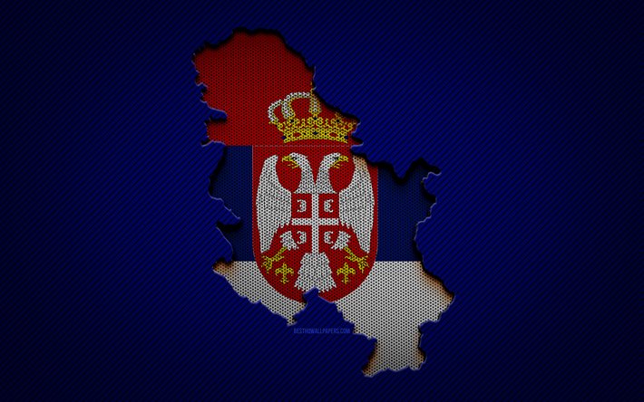 Carte de la Serbie, 4k, pays europ&#233;ens, drapeau serbe, fond bleu carbone, silhouette de la carte de la Serbie, drapeau de la Serbie, Europe, carte serbe, Serbie