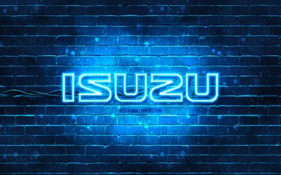 Isuzu logo blu, 4k, muro di mattoni blu, Isuzu logo, marche di automobili, Isuzu neon logo, Isuzu