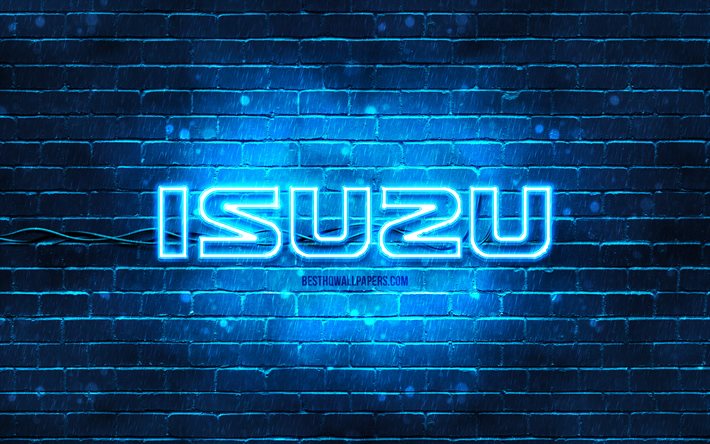 Logotipo da Isuzu azul, 4k, parede de tijolos azul, logotipo da Isuzu, marcas de carros, logotipo da Isuzu neon, Isuzu