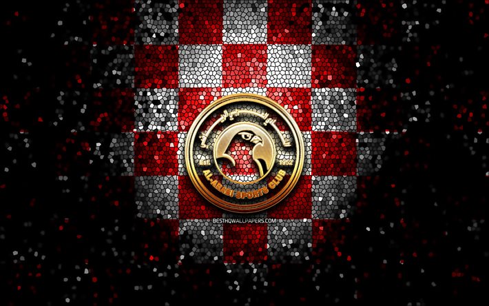Al-Arabi SC, logo glitterato, QSL, sfondo rosso bianco a scacchi, calcio, squadra di calcio del qatari, logo Al-Arabi SC, arte del mosaico, Al-Arabi FC