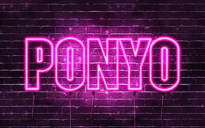 Happy Birthday Ponyo, 4k, pink neon lights, Ponyo name, creative, Mitsuko Happy Birthday, Ponyo Birthday, popular japanese female names, picture with Ponyo name, Ponyo