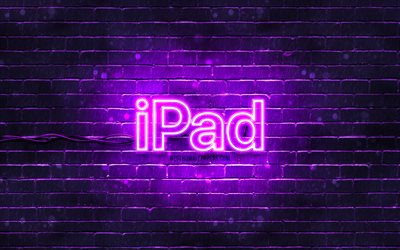 Logo violet IPad, 4k, mur de briques violet, logo IPad, Apple iPad, marques, logo néon IPad, IPad