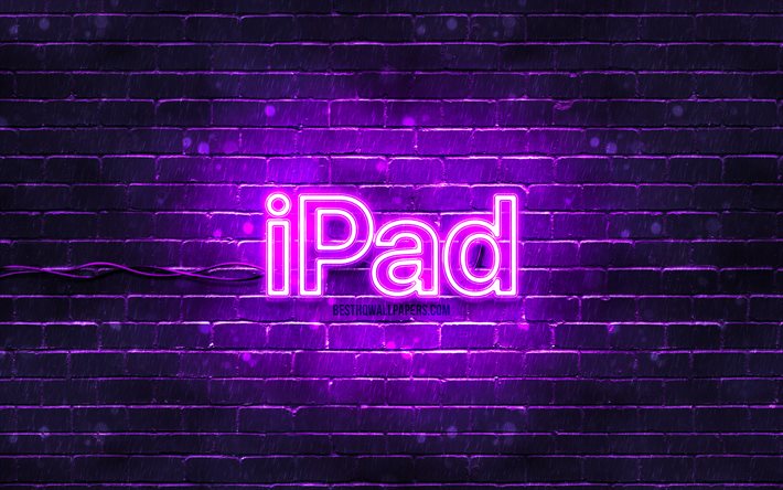 IPad violet logo, 4k, violet brickwall, IPad logo, Apple iPad, brands, IPad neon logo, IPad