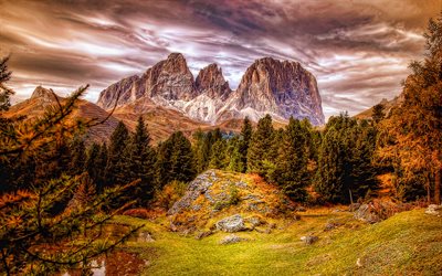 Alpes, HDR, Dolomitas, bela natureza, floresta, montanhas, Europa, outono