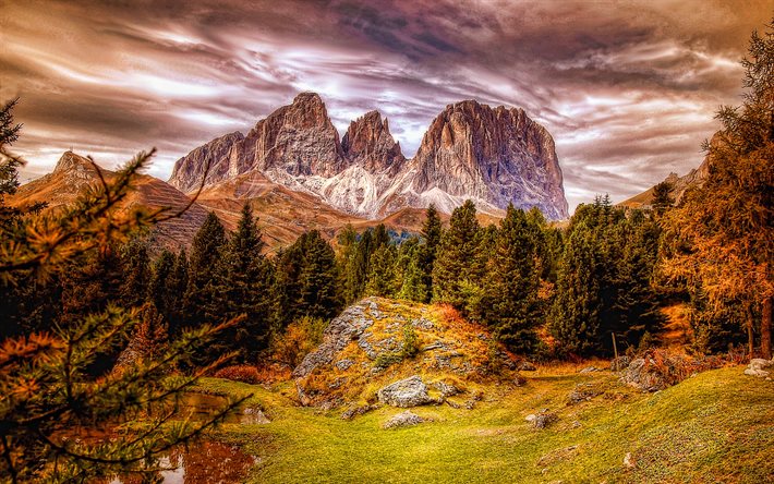 Alpler, HDR, Dolomitler, g&#252;zel bir doğa, orman, dağlar, Avrupa, sonbahar