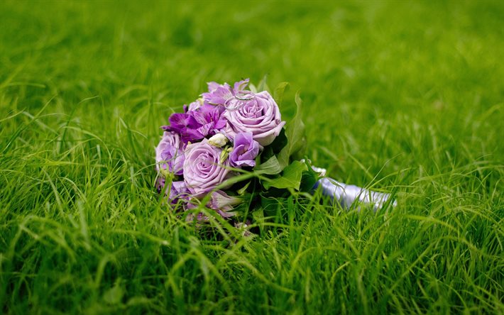bouquet da sposa, rose viola, bouquet di rose, bouquet sull'erba